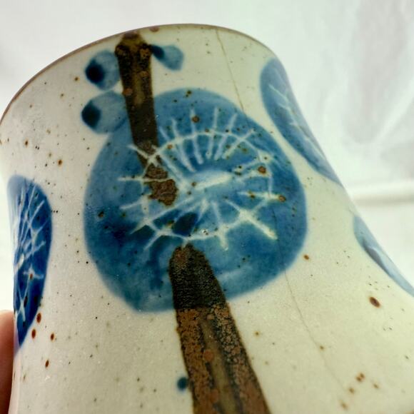 VTG Abstract MCM Set 2 Ceramic Floral Footed Mugs Coffee Cups Blue Green READ - Picture 9 of 9